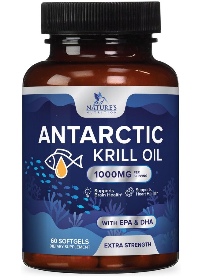 Nature's Nutrition - Krill Oil Omega 3 Supplement 1000 mg - Antarctic Krill Oil with Omega-3 EPA, DHA with Astaxanthin Sourced from Red Krill, Brain Health & Immune Support with Phospholipids - 30 Servings, 60 Softgels - Image 1