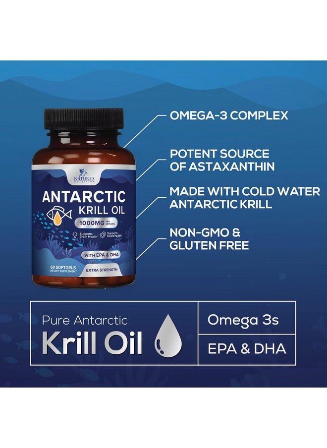 Nature's Nutrition - Krill Oil Omega 3 Supplement 1000 mg - Antarctic Krill Oil with Omega-3 EPA, DHA with Astaxanthin Sourced from Red Krill, Brain Health & Immune Support with Phospholipids - 30 Servings, 60 Softgels - Image 1
