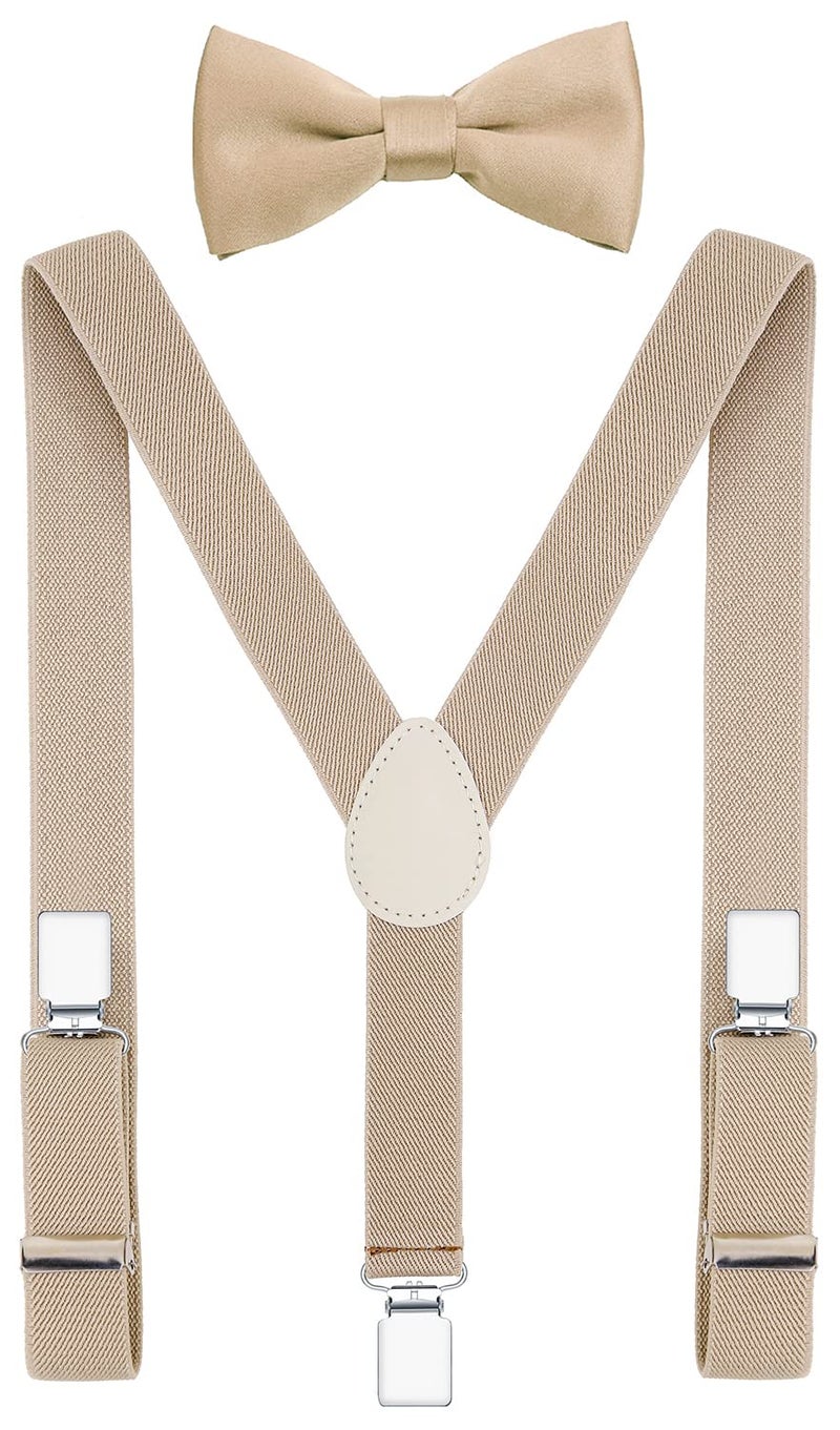 Pzle Boys' Suspenders and Bow Tie Set Adjustable Elastic 30 Inches Khaki - Image 1