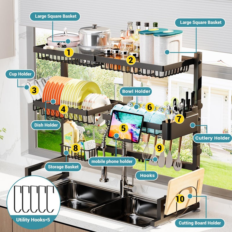 ADBIU Over The Sink Dish Drying Rack (Expandable Height and Length) Snap-On Design 2 Tier Large Dish Rack (27-40L x 12W x 32.5-37H (inches)) - Image 5