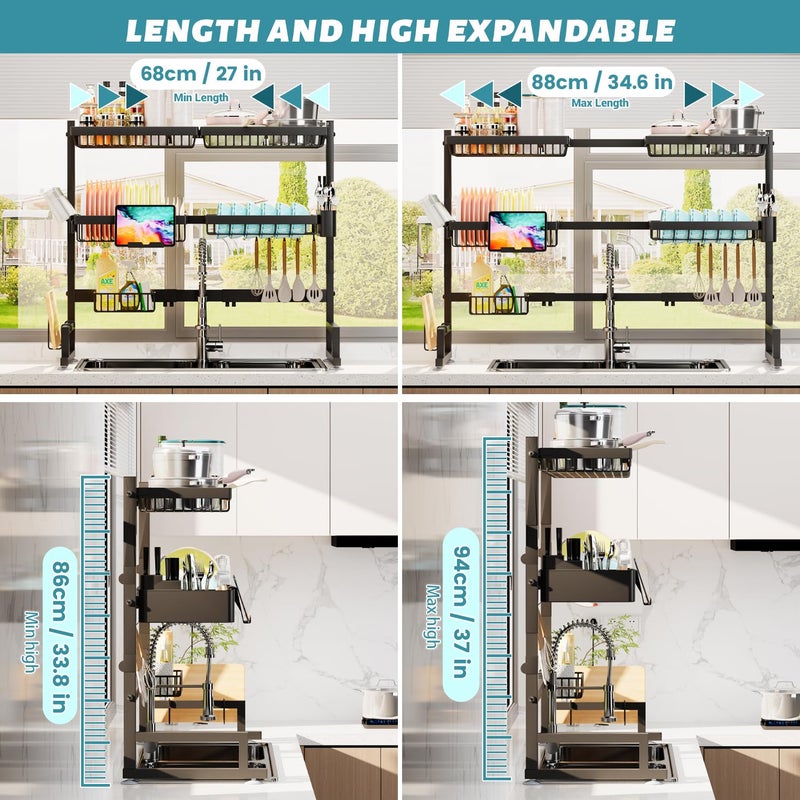 ADBIU Over The Sink Dish Drying Rack (Expandable Height and Length) Snap-On Design 2 Tier Large Dish Rack (27-40L x 12W x 32.5-37H (inches)) - Image 2