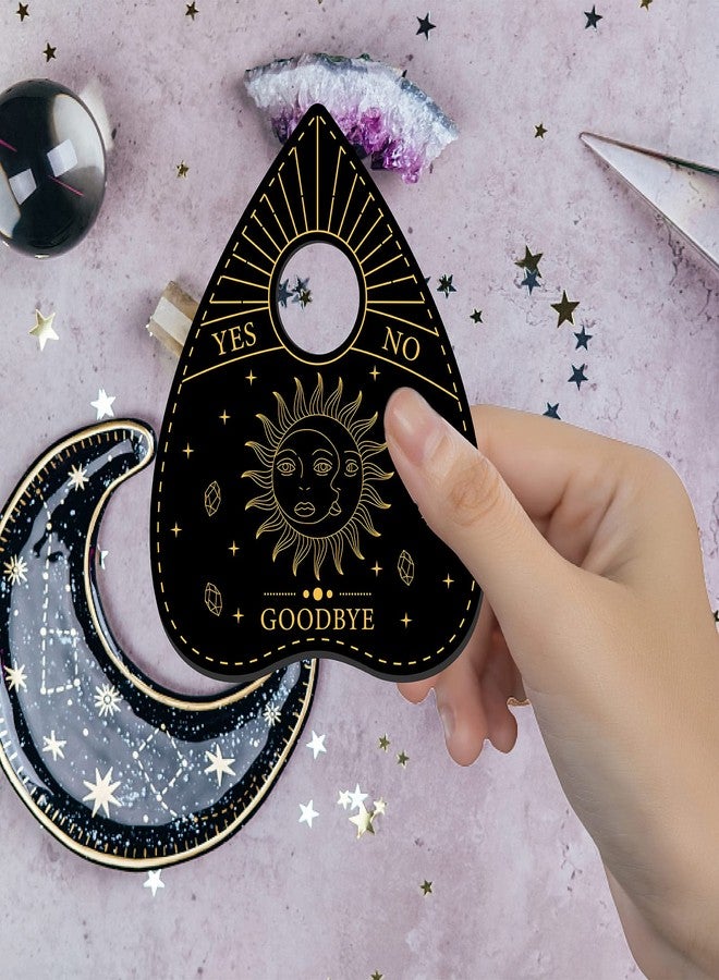 CREATCABIN 4Pcs Planchette Spirit Board Wooden Crystal Holder Mini Crystal Sphere Display Stand Witch Stuff Wiccan Altar Decor Witchy Gift Supplies Small Tray for Crystal Ball Stones Witchcraft(Black) - Image 4