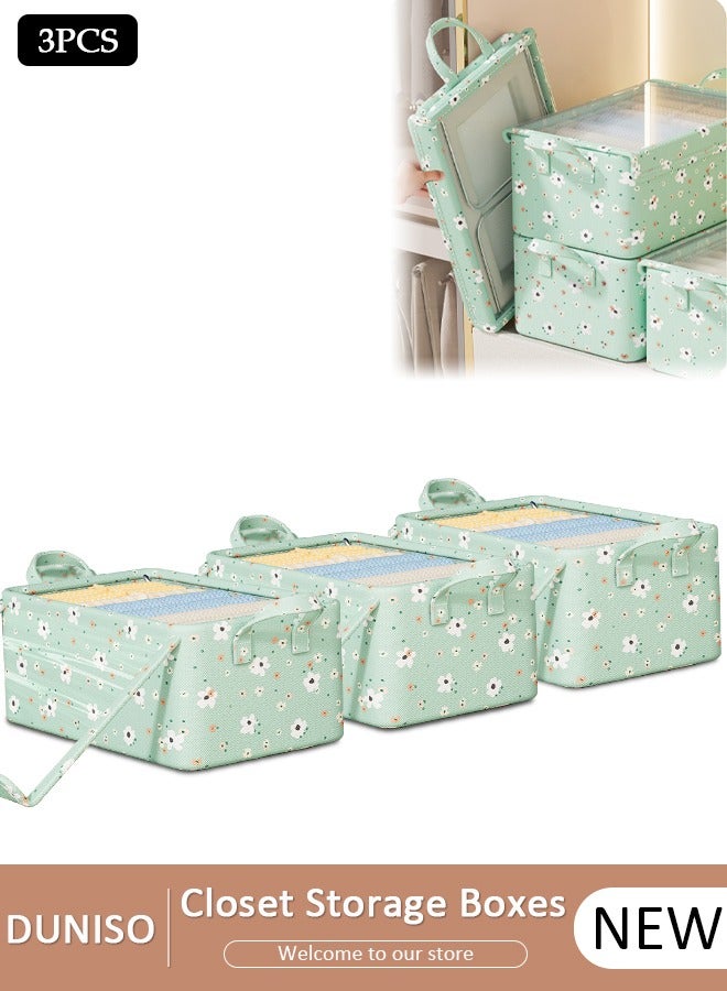 DUNISO 3 Pieces Foldable Closet Storage Organizer with Lids Washable Closet Storage Box with Carrying Handles Cube Storage Bin for Clothes Wardrobe Home Bedroom Office - Image 1