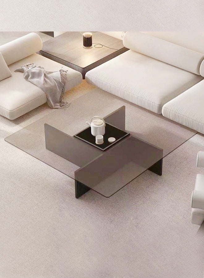 fashionhome Multifunction Modern Minimalist Design Glass Top Durable Geometrical Shape Wood Frame Coffee Table Center Table for Living Room Bedroom Home Office Furniture 70x70x30 cm  - Image 1