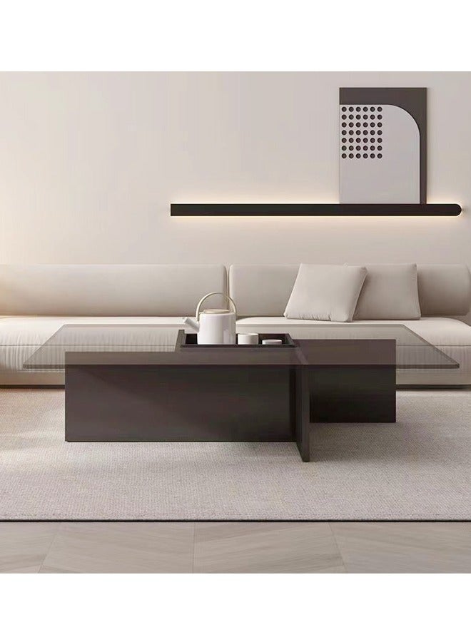 fashionhome Multifunction Modern Minimalist Design Glass Top Durable Geometrical Shape Wood Frame Coffee Table Center Table for Living Room Bedroom Home Office Furniture 70x70x30 cm  - Image 3