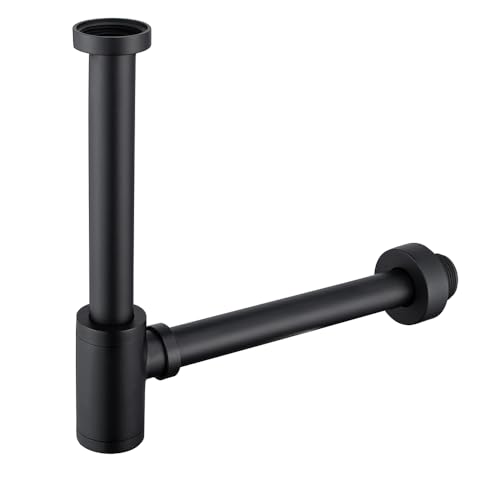 SWHYGER Contemporary Solid Brass Bottle P Trap Round 1 1/4 With 11.81 inch Slip Joint Extension Tube Basin Sink Waste Drain P Trap For Kit,Matte Black. - Image 1
