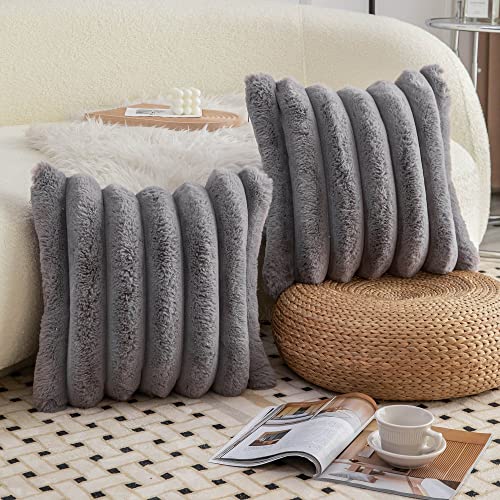 Neelvin Grey Faux Fur Cozy Soft Striped Decorative Throw Pillow Covers 18x18 inch Set of 2,Velvet Pillowcase Cushion Case for Sofa Couch - Image 3