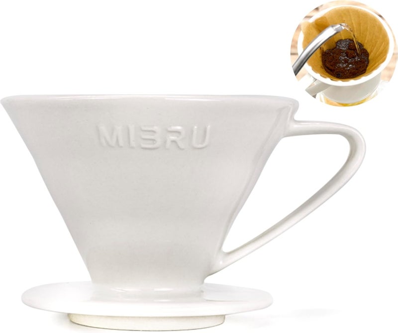 قمع تقطير سيراميك MIBRU V60 | مصنوع من مادة سيراميك عالية الجودة | ماكينة تحضير القهوة بالتقطير | تحضير بطيء للقهوة في المنزل، المكتب، المقهى، ماكينة تحضير قهوة بنكهة قوية (أبيض، مقاس رقم 2 (2-4 أكواب))