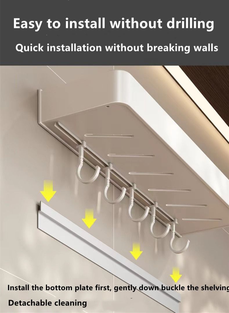 Kutis 2-Pieces Set Aluminium Alloy Wall Organizer With Hook and Towel Hanging Rod Wall Mounted Kitchen Storage Shelves White - Image 4