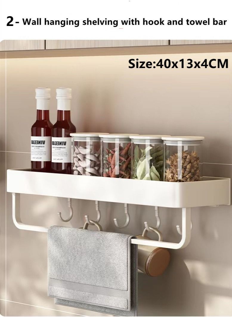 Kutis 2-Pieces Set Aluminium Alloy Wall Organizer With Hook and Towel Hanging Rod Wall Mounted Kitchen Storage Shelves White - Image 3