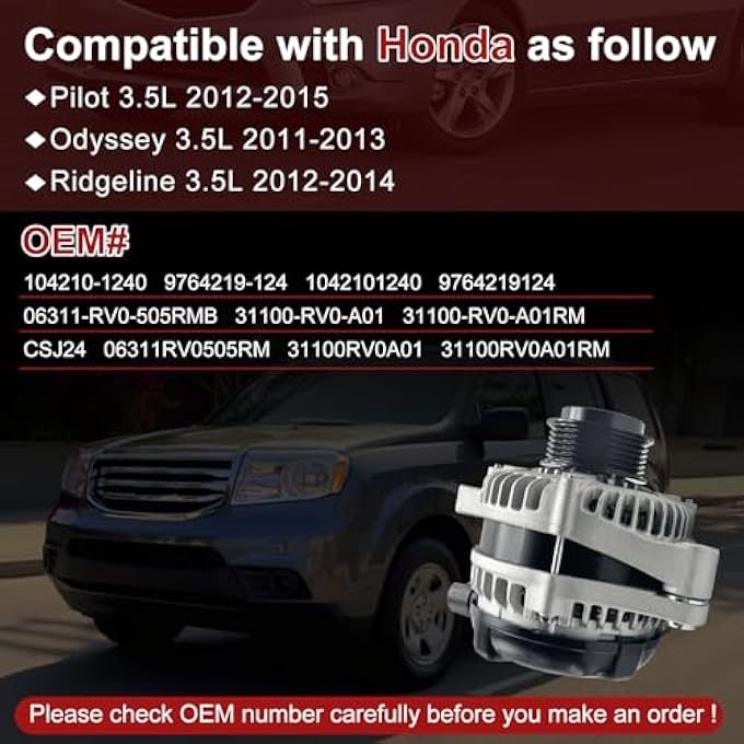 Hsbhlsnx 11573N Alternator Compatible with Honda Pilot 3.5L 2012-2015 Odyssey 3.5L 2011-2013 Ridgeline 3.5L 2012-2014 104210-1240 9764219-124 31100-RV0-A01 CSJ24 11573 290-5582 - Image 2