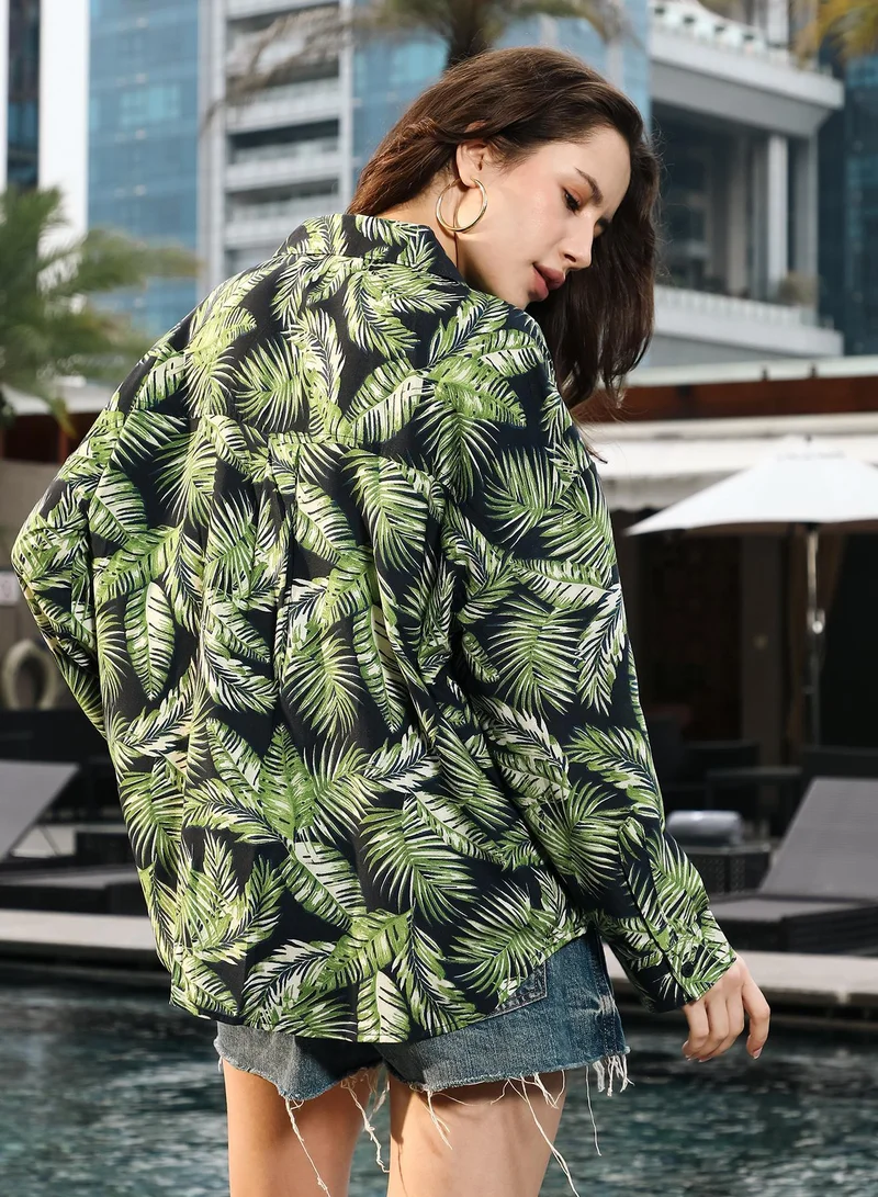 Pinacolada Women's Forest Green Fern-Foliage Imprint Oversized Shirt Women's Forest Green Fern-Foliage Imprint Oversized Shirt for Women | Best Price UAE