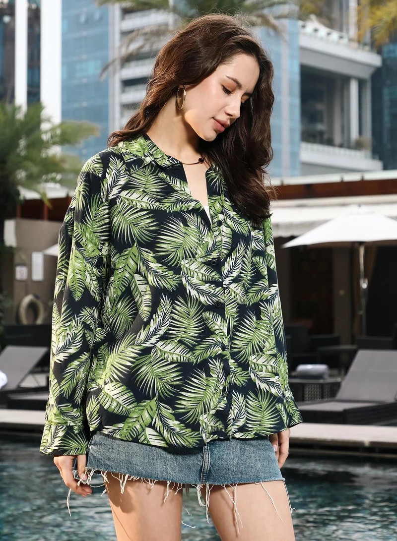 Pinacolada Women's Forest Green Fern-Foliage Imprint Oversized Shirt Women's Forest Green Fern-Foliage Imprint Oversized Shirt for Women | Best Price UAE