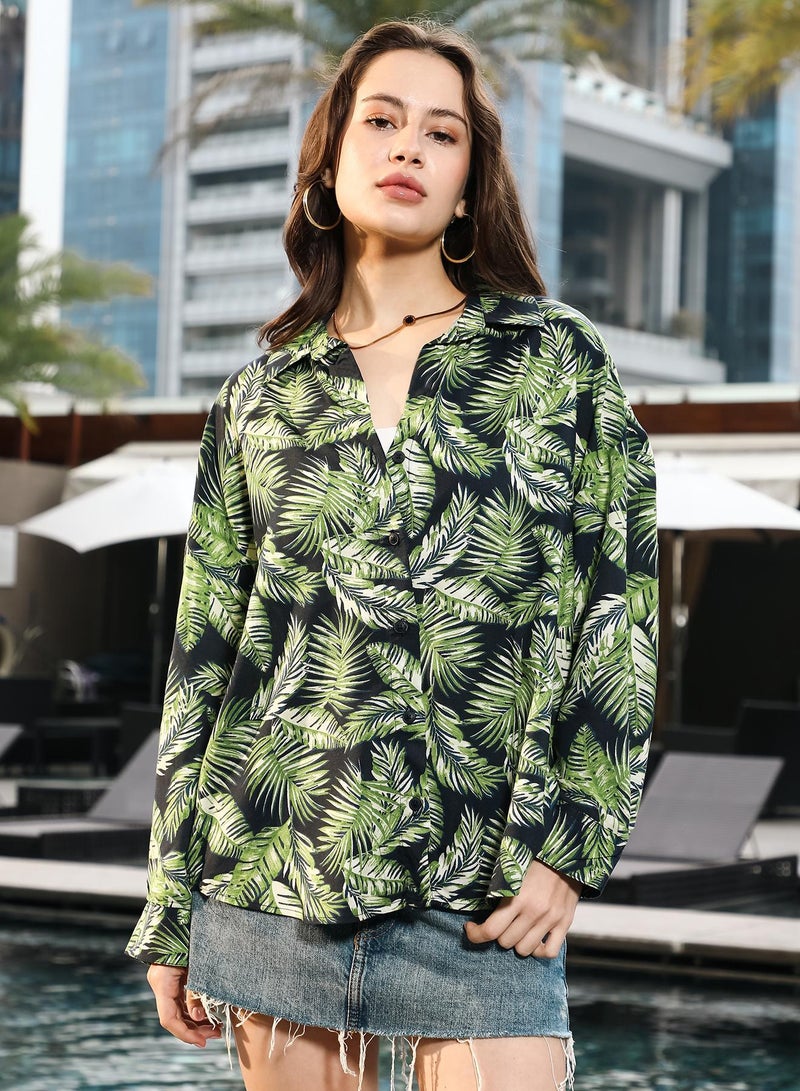 PINACOLADA Women's Forest Green Fern-Foliage Imprint Oversized Shirt - Image 2
