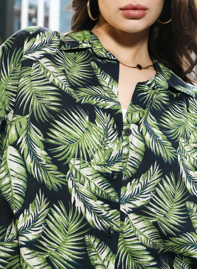 Pinacolada Women's Forest Green Fern-Foliage Imprint Oversized Shirt Women's Forest Green Fern-Foliage Imprint Oversized Shirt for Women | Best Price UAE