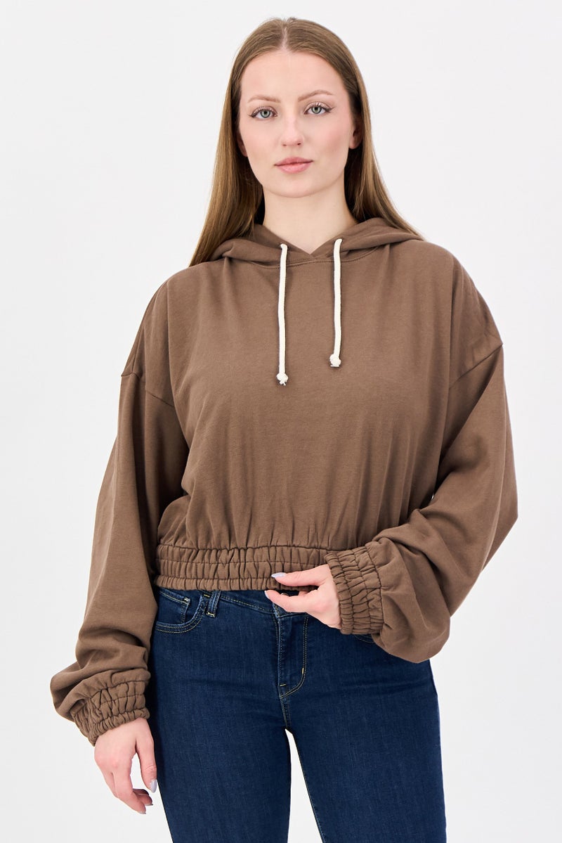 NIA Women Plain Long Sleeve Cropped Hoodies, Brown - Image 1
