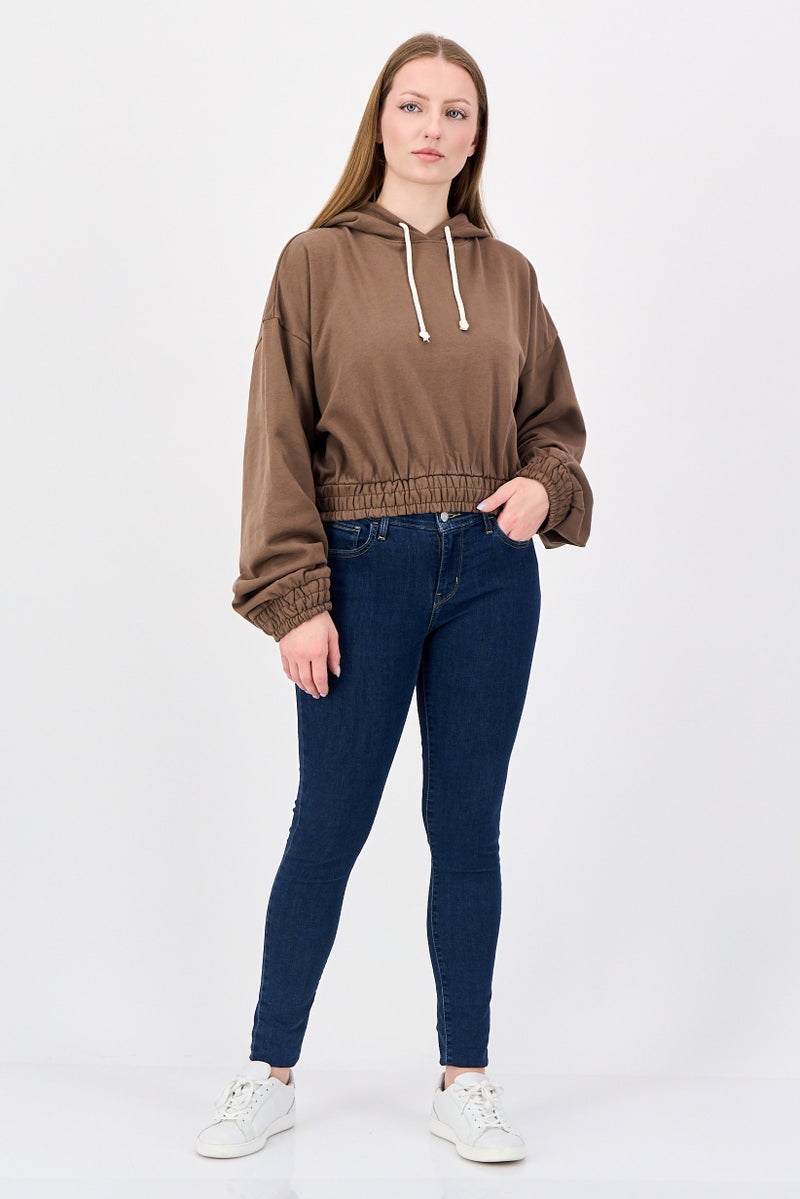 NIA Women Plain Long Sleeve Cropped Hoodies, Brown - Image 4