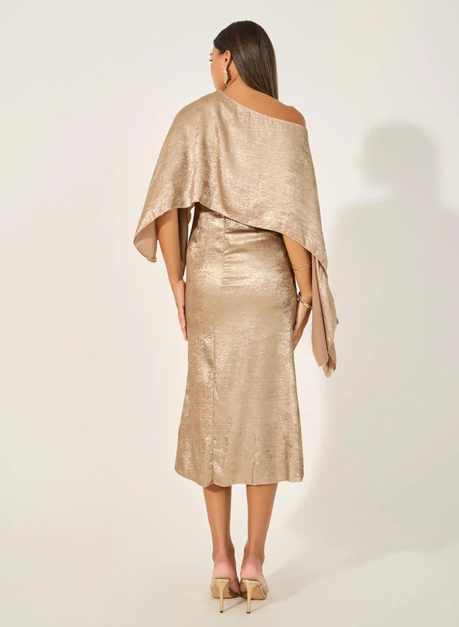 تايك تو One Shoulder Neck Cape Sleeve Midi Dress by Styli