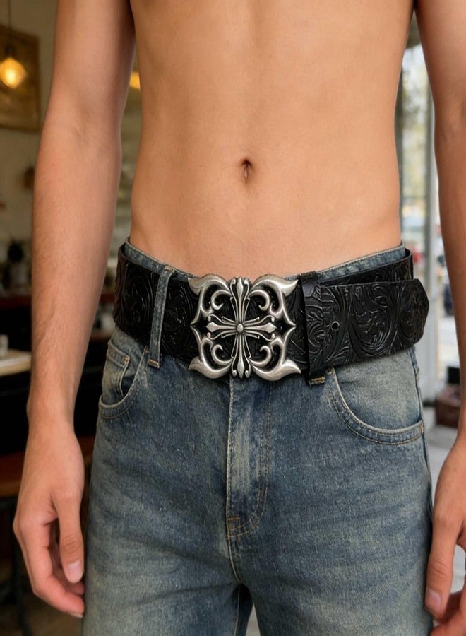 Winatehr Y2k Cross Belt Men, Black Western Emo Goth Alt Belt for Woman Men, Cowboy Cowgirl Cool Scene Grunge Belts, Womens Country Leather Thick Belts for Jeans Trendy, Punk Fashion Gothic Accessories - Image 3