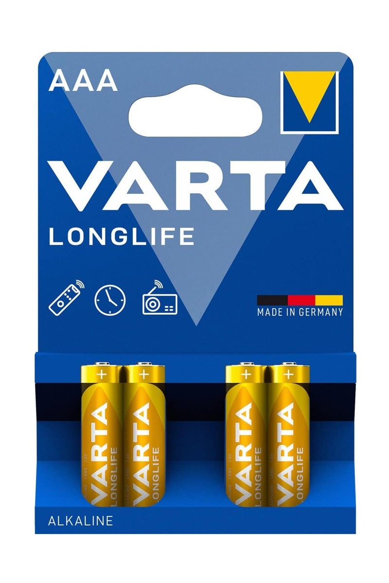 فارتا بطاريات قلوية طويلة العمر AAA MICRO LR03 1.5 فولت، 4 قطع، مسحوق موثوق به وطويل الأمد للأجهزة اليومية مثل أجهزة التحكم عن بعد وأجهزة الراديو وساعات التنبيه والمزيد، عمر تخزين طويل وتصميم مقاوم للماء - ذهبي - Image 2