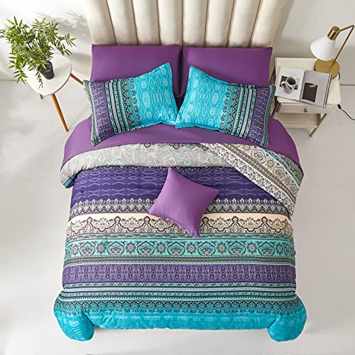 Cottolester Boho Comforter Set Full Size 8 Piece Bed in a Bag Bohemian Striped Bedding Quilt Set Aqua Paisley Floral Comforter and Sheet Set,Soft Microfiber Complete Bedding Sets for All Season - Image 5