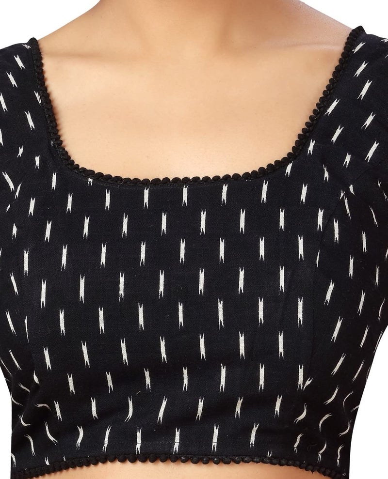 Studio Shringaar Women's Ikat Cotton Readymade Saree Blouse with Sleeveless (Black, 40) - Image 3