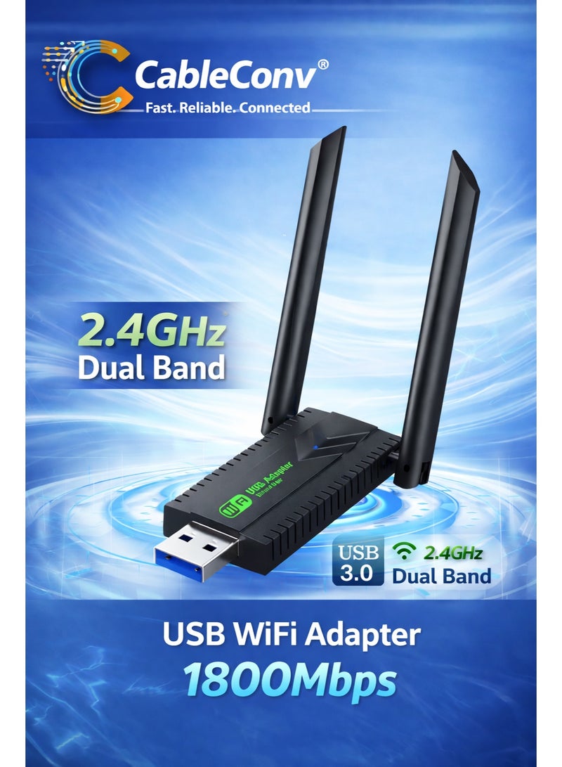 CABLE CONV 1800Mbps Mini Wireless USB 3.0 Adapter Black – 2.4GHz WiFi Dongle High-Speed for PC/Laptop - Image 1