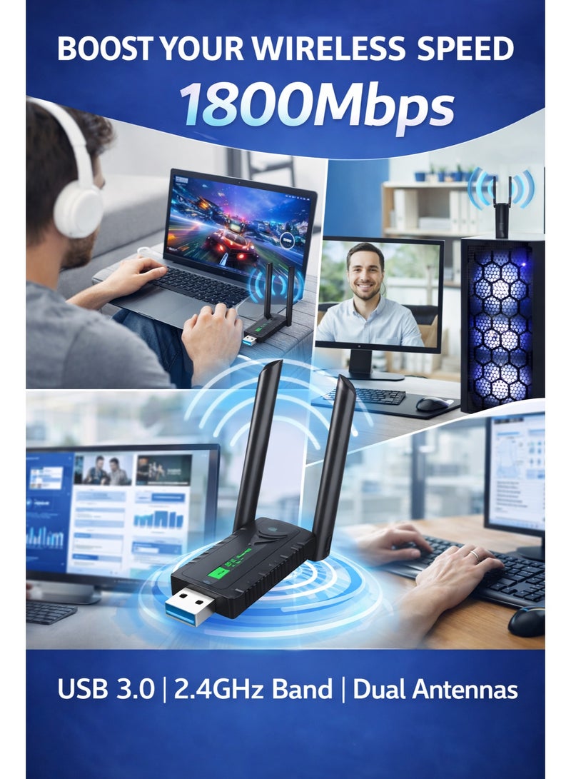 CABLE CONV 1800Mbps Mini Wireless USB 3.0 Adapter Black – 2.4GHz WiFi Dongle High-Speed for PC/Laptop - Image 3