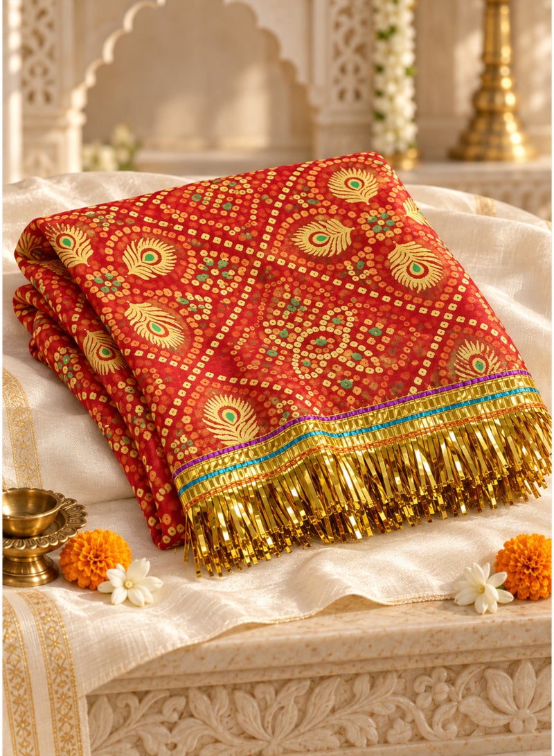 Madhoor Peacock Bandhani Deity Idol Chunri Red for Deity Dressing, Pooja & Festivals, 2m - Image 1