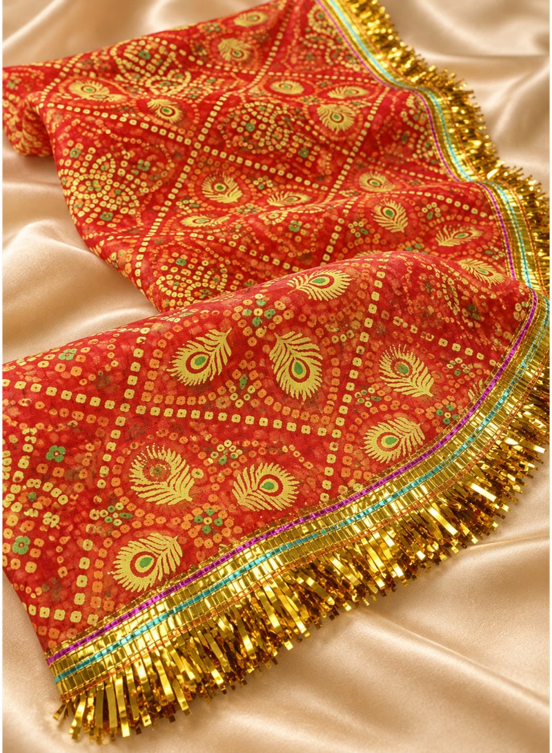 Madhoor Peacock Bandhani Deity Idol Chunri Red for Deity Dressing, Pooja & Festivals, 2m - Image 3