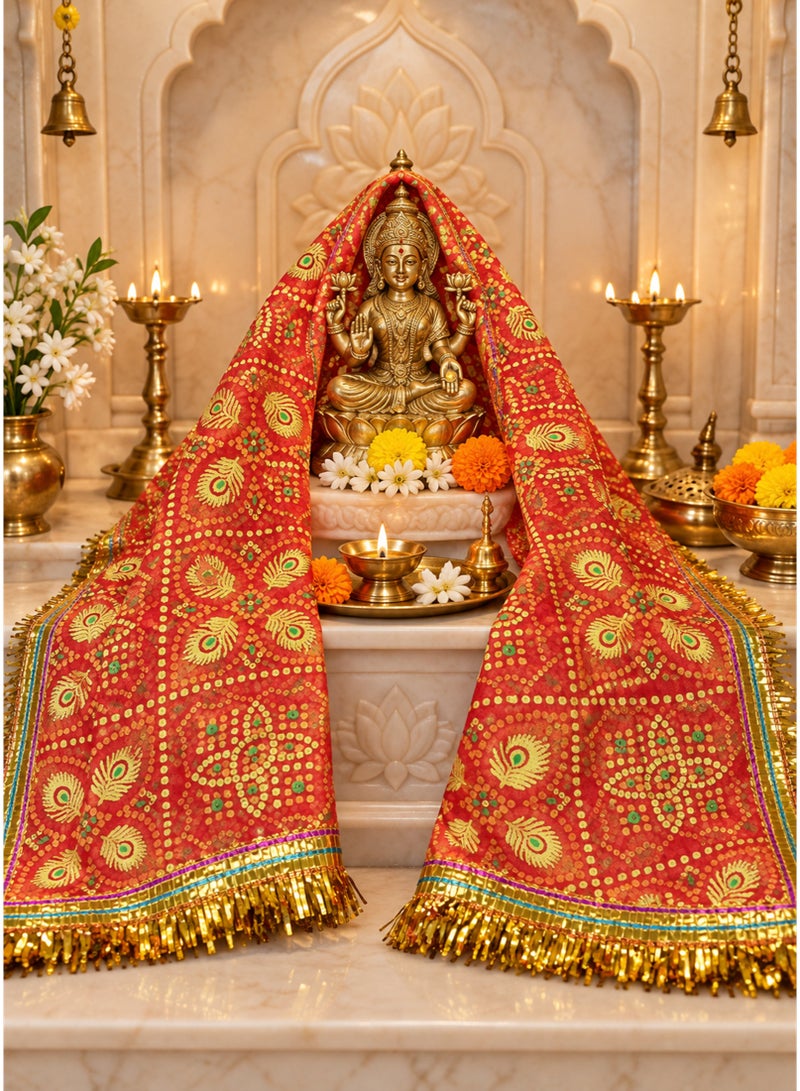 Madhoor Peacock Bandhani Deity Idol Chunri Red for Deity Dressing, Pooja & Festivals, 2m - Image 2
