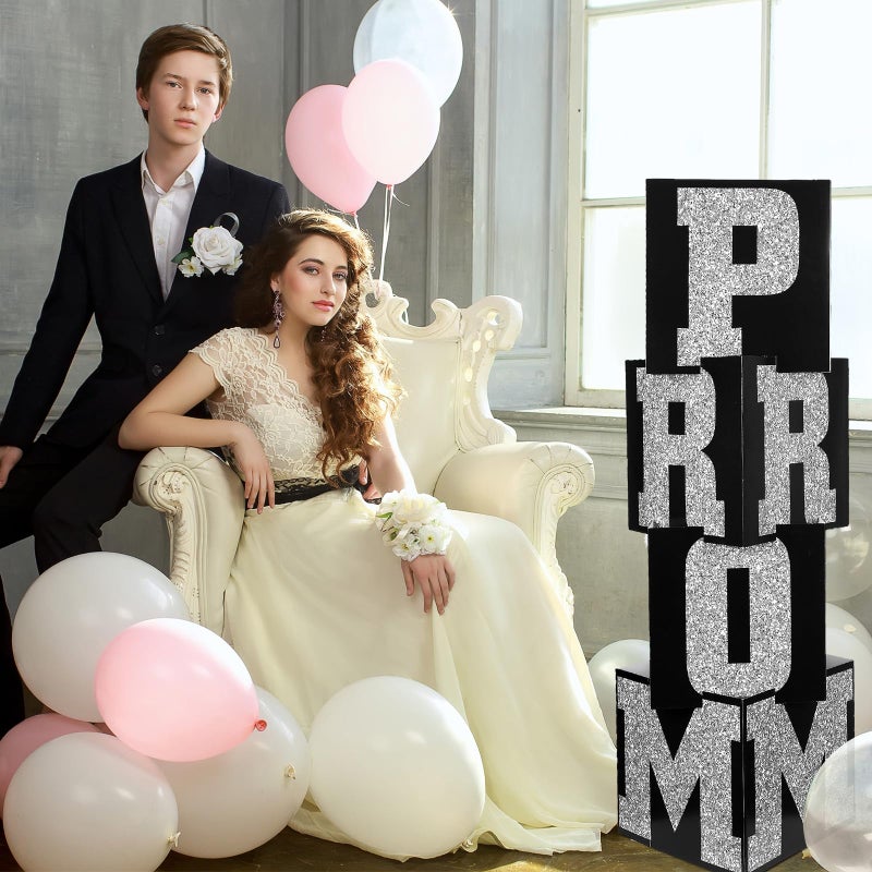 Queekay 8 Pcs Prom Column Standup Photo Booth Decorations 2026 Prom Backdrop Balloon Boxes Cardboard Decoration Column for Party College, 11.8 x 44.9 Inch(Silver, Black) - Image 5