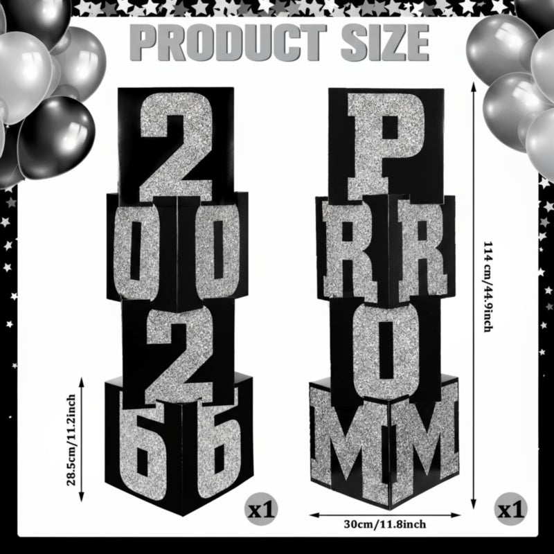 Queekay 8 Pcs Prom Column Standup Photo Booth Decorations 2026 Prom Backdrop Balloon Boxes Cardboard Decoration Column for Party College, 11.8 x 44.9 Inch(Silver, Black) - Image 2