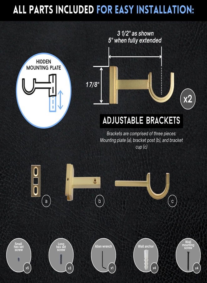 BlastHome® Luxury Adjustable Curtain Rod Brackets - Premium Quality Heavy Metal Replacement Accessory - Signature Collection, Set of Two - Fits Up to 1 1/4" Diameter Curtain Rods - Brushed Gold - Image 4