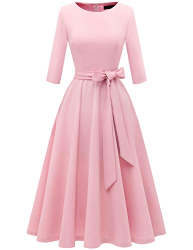 DRESSTELLS Women's Cocktail Dresses, Formal Wedding Guest Holiday Tea Party Dress Knee Length, Long Sleeve Bridesmaid Graduation Evening Baby Shower Brithday Gala Modest Aline Fit Flare, Pink 2XL - Image 1