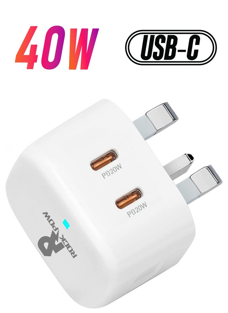 Rock Pow - 40W iPhone 15 Fast Charger USB C Plug Dual Port 20W USB Type C Wall Charger Plug Power Adapter UK Charging for iPhone 14/13/13 Mini/13 Pro/13 Pro Max /12/12 Mini/12 Pro/12 Pro Max/11/11 Pro/iPad Mini/ - Image 1