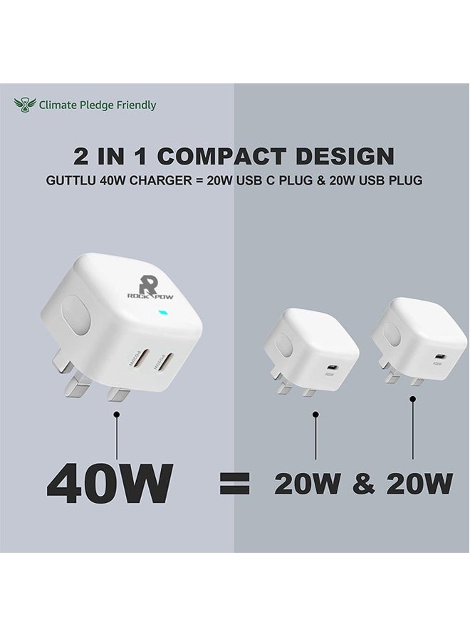 Rock Pow - 40W iPhone 15 Fast Charger USB C Plug Dual Port 20W USB Type C Wall Charger Plug Power Adapter UK Charging for iPhone 14/13/13 Mini/13 Pro/13 Pro Max /12/12 Mini/12 Pro/12 Pro Max/11/11 Pro/iPad Mini/ - Image 1
