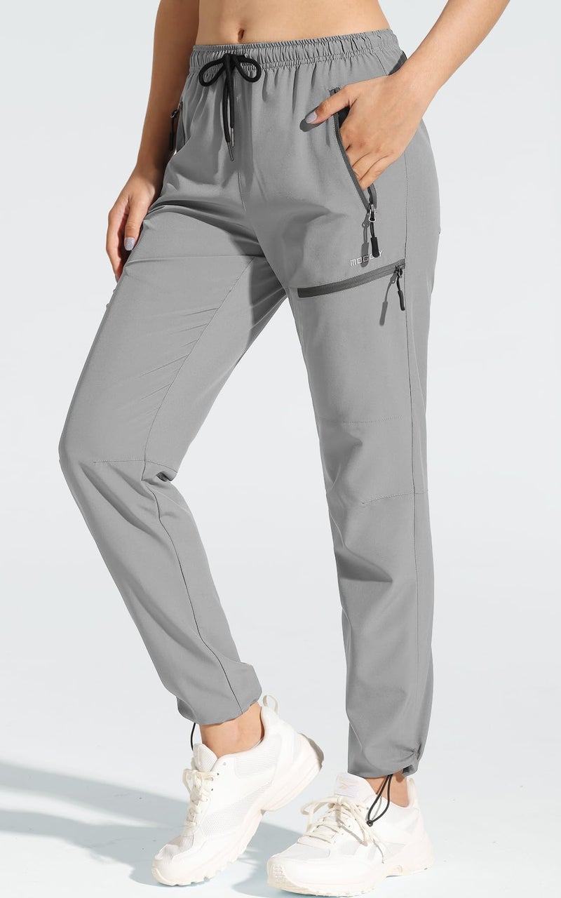 MOCOLY Women's Hiking Cargo Pants Elastic Waist Quick Dry Lightweight Water Resistant Climbing Long Pants UPF SPF 50+ Light Grey S - Image 2