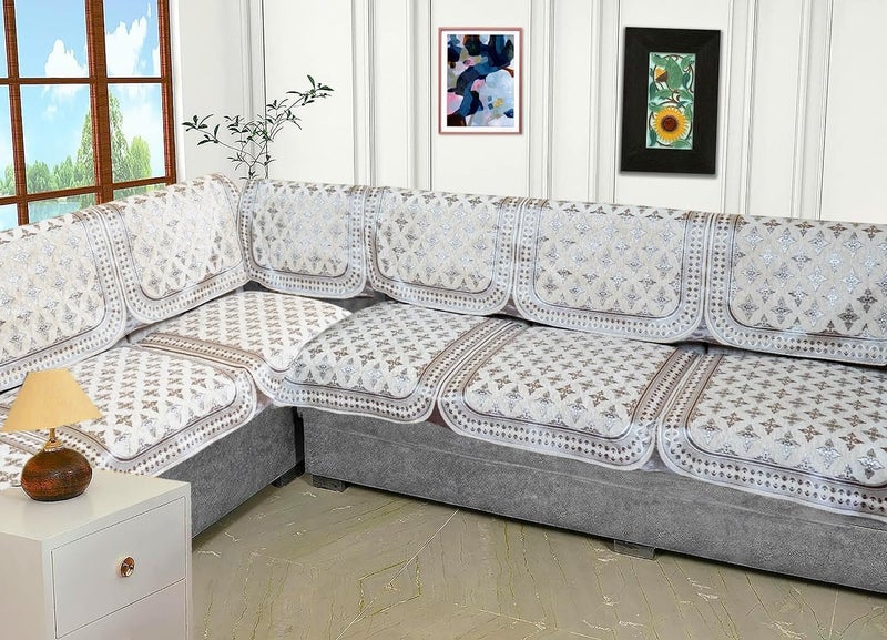 Fashion Throw 'Elegant Series' Sofa Cover L Shape 6 Seats Chenille Sofa Cover with Back Cover | Anti-Slip Furniture Protector for Living Room | Wooden Sofa Home Decor Beige (L-Shape) - Image 1