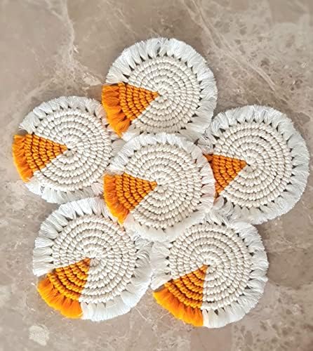 My Creative Hut's Macrame Round Coasters Bohemian Style, Handmade, Absorbent Than Wood, Steel, Stone Material, Big Size 6" (White-Orange, Set of 4) - Image 5