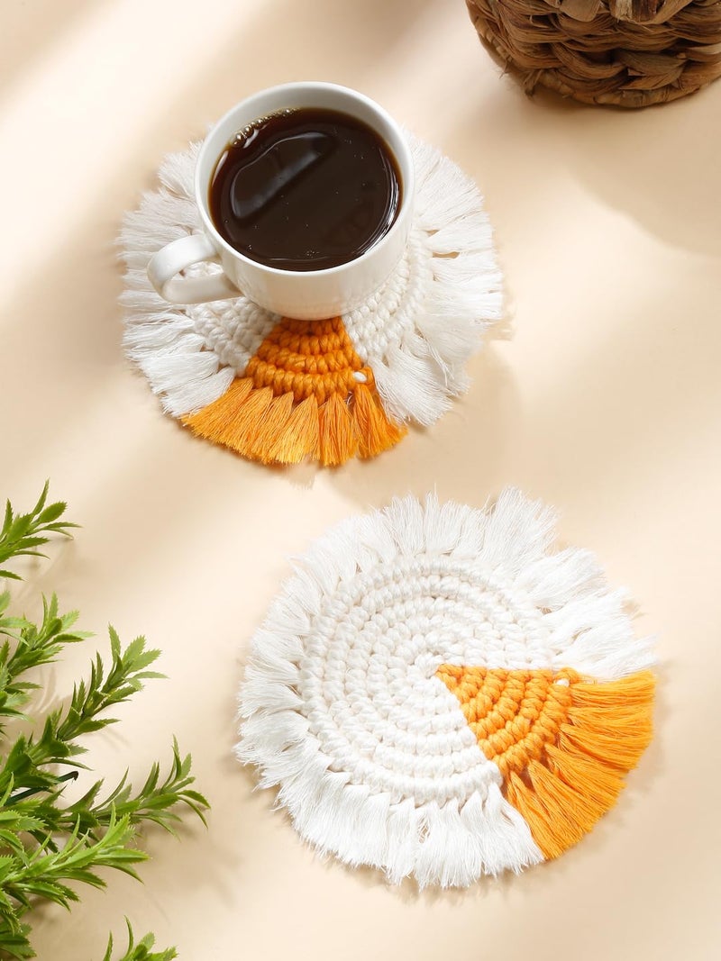 My Creative Hut's Macrame Round Coasters Bohemian Style, Handmade, Absorbent Than Wood, Steel, Stone Material, Big Size 6" (White-Orange, Set of 4) - Image 4