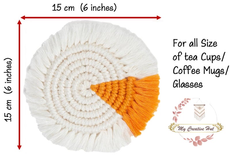 My Creative Hut's Macrame Round Coasters Bohemian Style, Handmade, Absorbent Than Wood, Steel, Stone Material, Big Size 6" (White-Orange, Set of 4) - Image 3