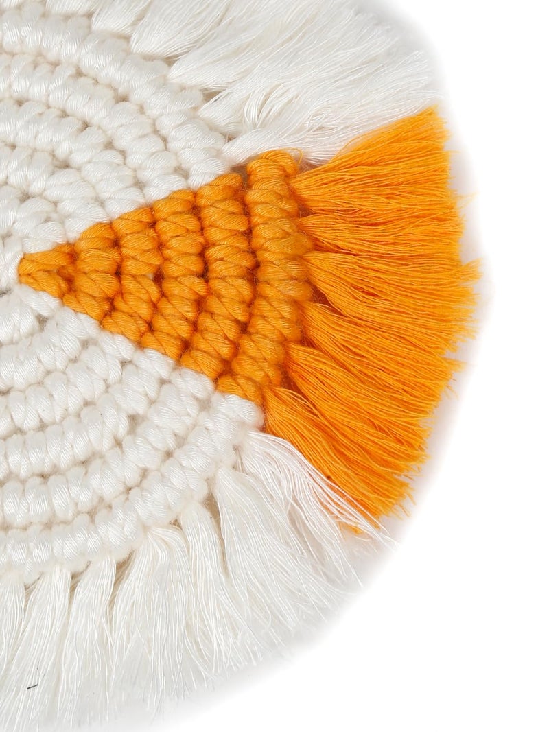 My Creative Hut's Macrame Round Coasters Bohemian Style, Handmade, Absorbent Than Wood, Steel, Stone Material, Big Size 6" (White-Orange, Set of 4) - Image 2