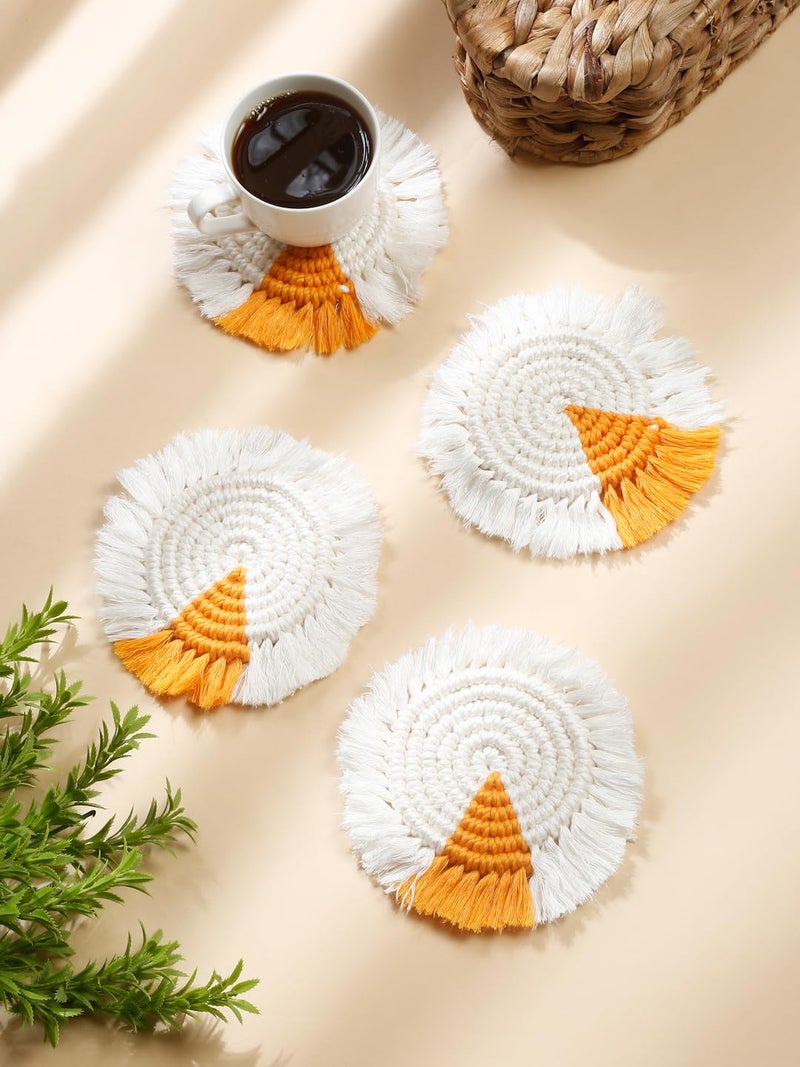 My Creative Hut's Macrame Round Coasters Bohemian Style, Handmade, Absorbent Than Wood, Steel, Stone Material, Big Size 6" (White-Orange, Set of 4) - Image 1