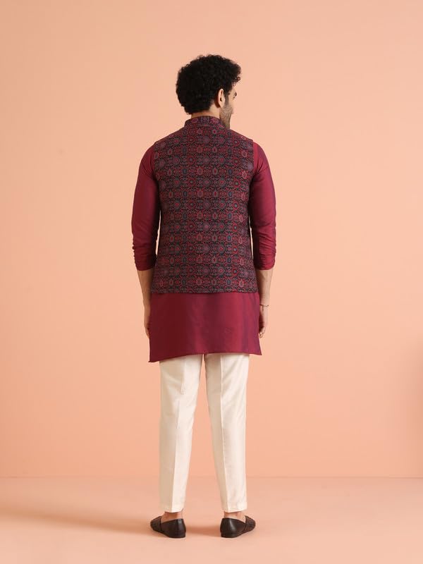 KISAH Kurta Trouser Set for Men with Modi Jacket – Jacquard Silk Blend Ethnic Kurta – Wedding Dress Set & Traditional Outfit Maroon - Image 5