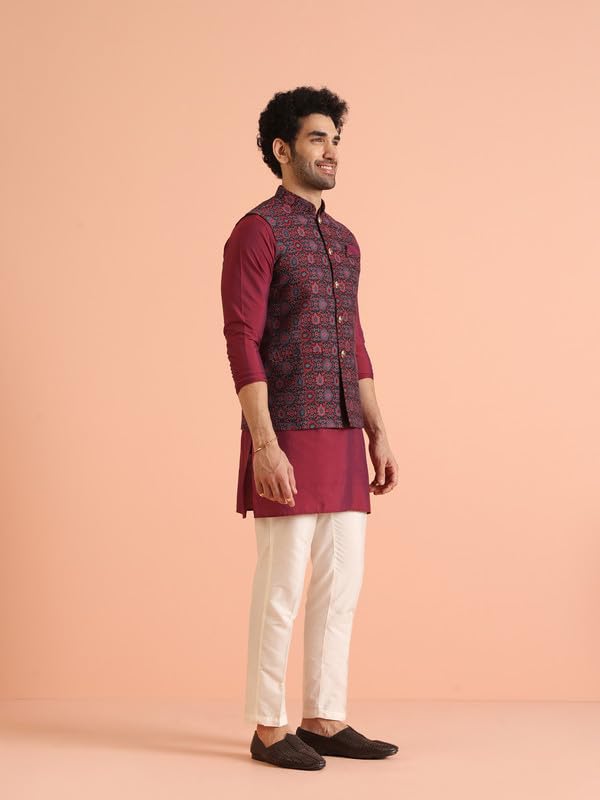 KISAH Kurta Trouser Set for Men with Modi Jacket – Jacquard Silk Blend Ethnic Kurta – Wedding Dress Set & Traditional Outfit Maroon - Image 3