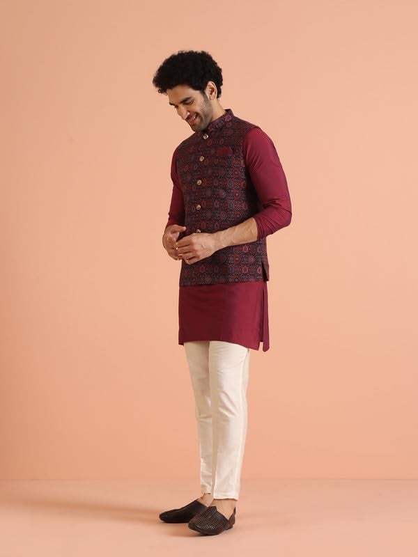KISAH Kurta Trouser Set for Men with Modi Jacket – Jacquard Silk Blend Ethnic Kurta – Wedding Dress Set & Traditional Outfit Maroon - Image 4