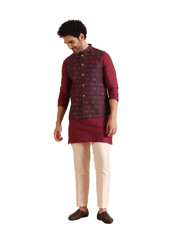 KISAH Kurta Trouser Set for Men with Modi Jacket – Jacquard Silk Blend Ethnic Kurta – Wedding Dress Set & Traditional Outfit Maroon - Image 1