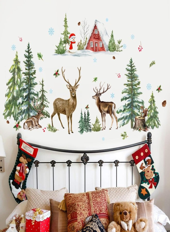 Aurbhosa Merry Christmas Wall Decal Pine Tree Deer Wall Sticker Peel and Stick Woodland Forest Wall Decals Winter Snowman Snowflake Wallpaper for Playroom Nursery Xmas Decor - Image 4