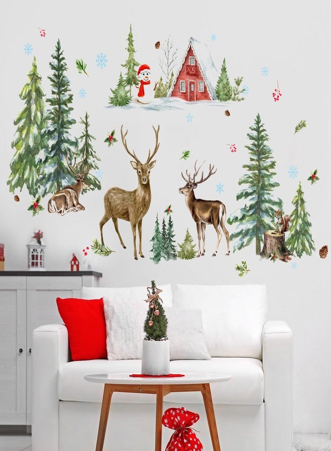Aurbhosa Merry Christmas Wall Decal Pine Tree Deer Wall Sticker Peel and Stick Woodland Forest Wall Decals Winter Snowman Snowflake Wallpaper for Playroom Nursery Xmas Decor - Image 3